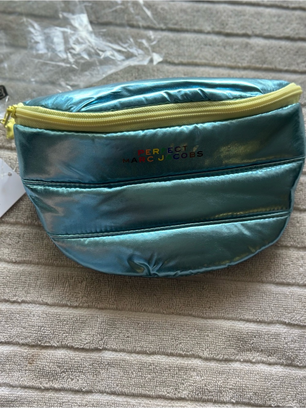 Marc Jacobs Metallic Teal Cosmetic Pouch with Yellow Zipper